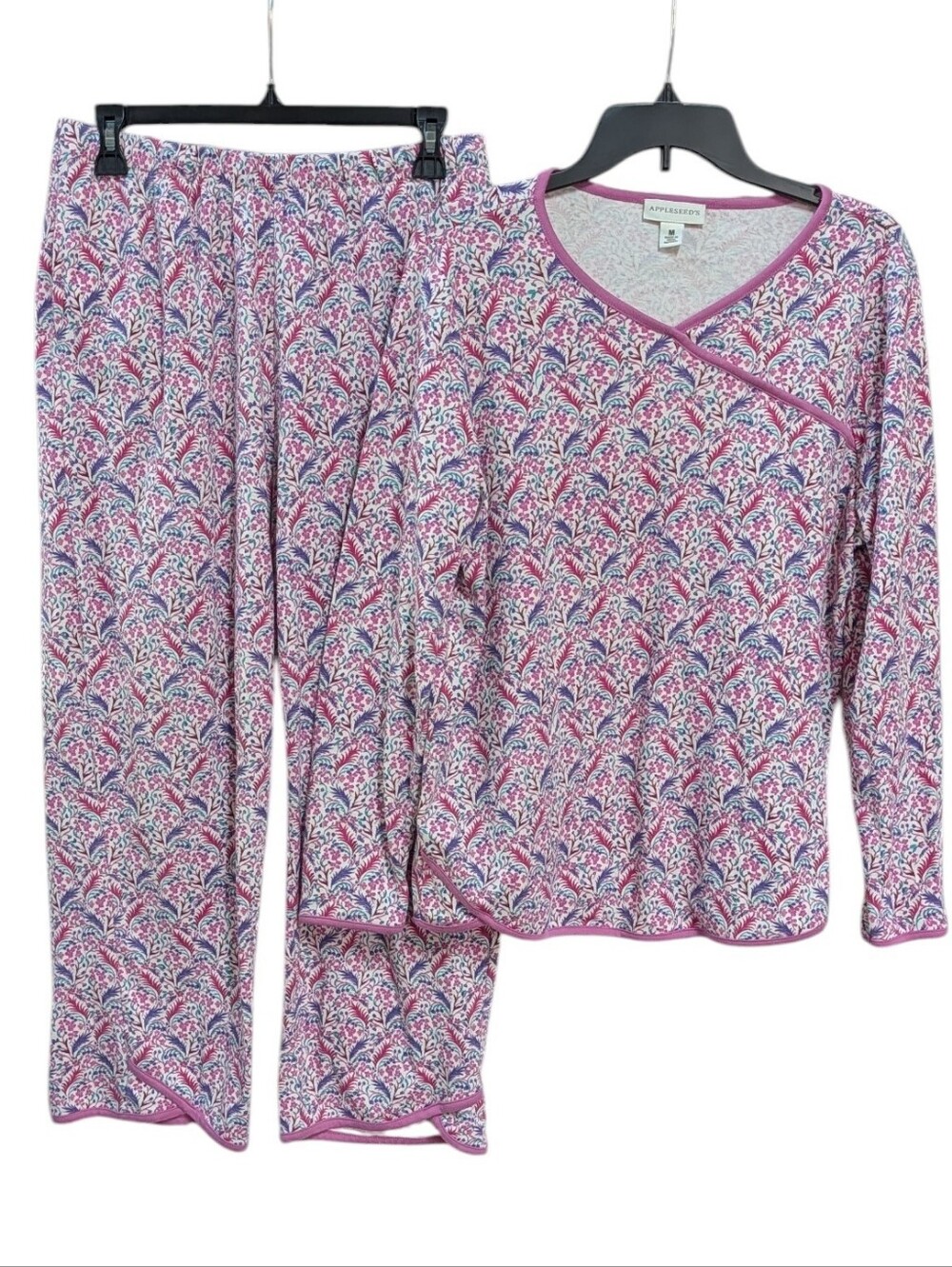 Appleseeds, Pink & Purple Floral Leafy Print Long Sleeve/Pant Pajama Set. Medium